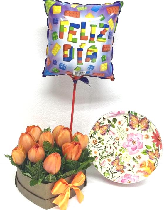 Caja Coraz�n de 10 Tulipanes, Galletas Danesas 400grs y Globito
